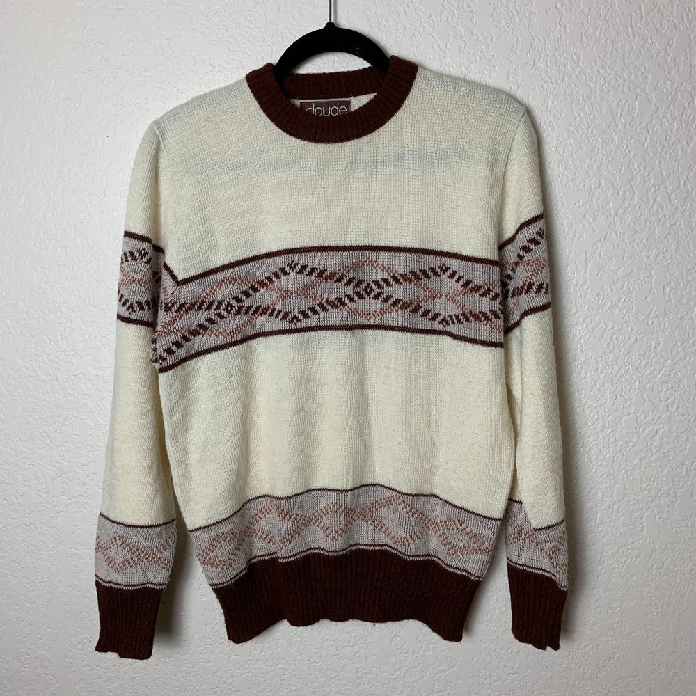 Claude Vintage Cream and Brown Sweater Crewneck M